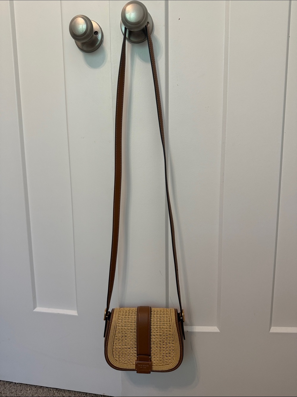 kate spade Natural Woven Crossbody with Brown Leather Trim